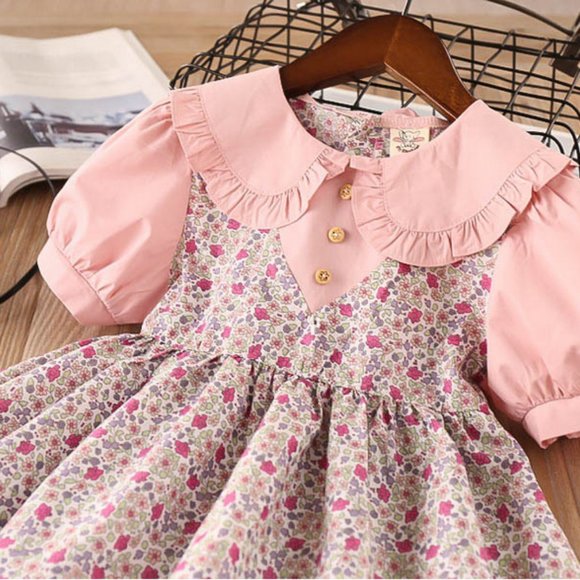 Girls Collared Pink Floral Short Sleeve Dress - Picture 2 of 8